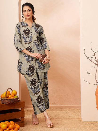 Janasya Women's Multicolor Pure Cotton Floral Printed A-line Co-ord Set