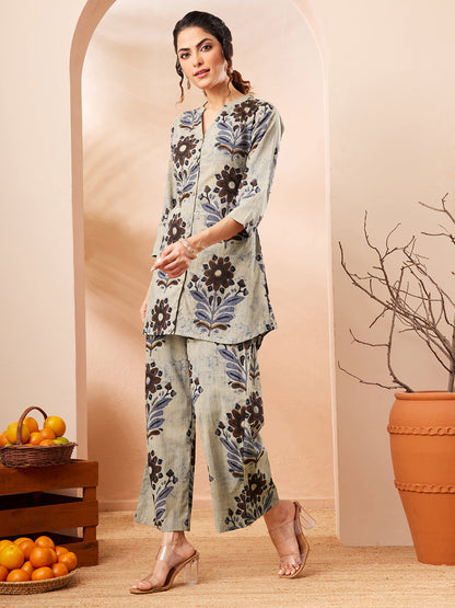 Janasya Women's Multicolor Pure Cotton Floral Printed A-line Co-ord Set