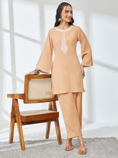 Janasya Women's Beige Linen Cotton Embroidered A-Line Co-Ord Set