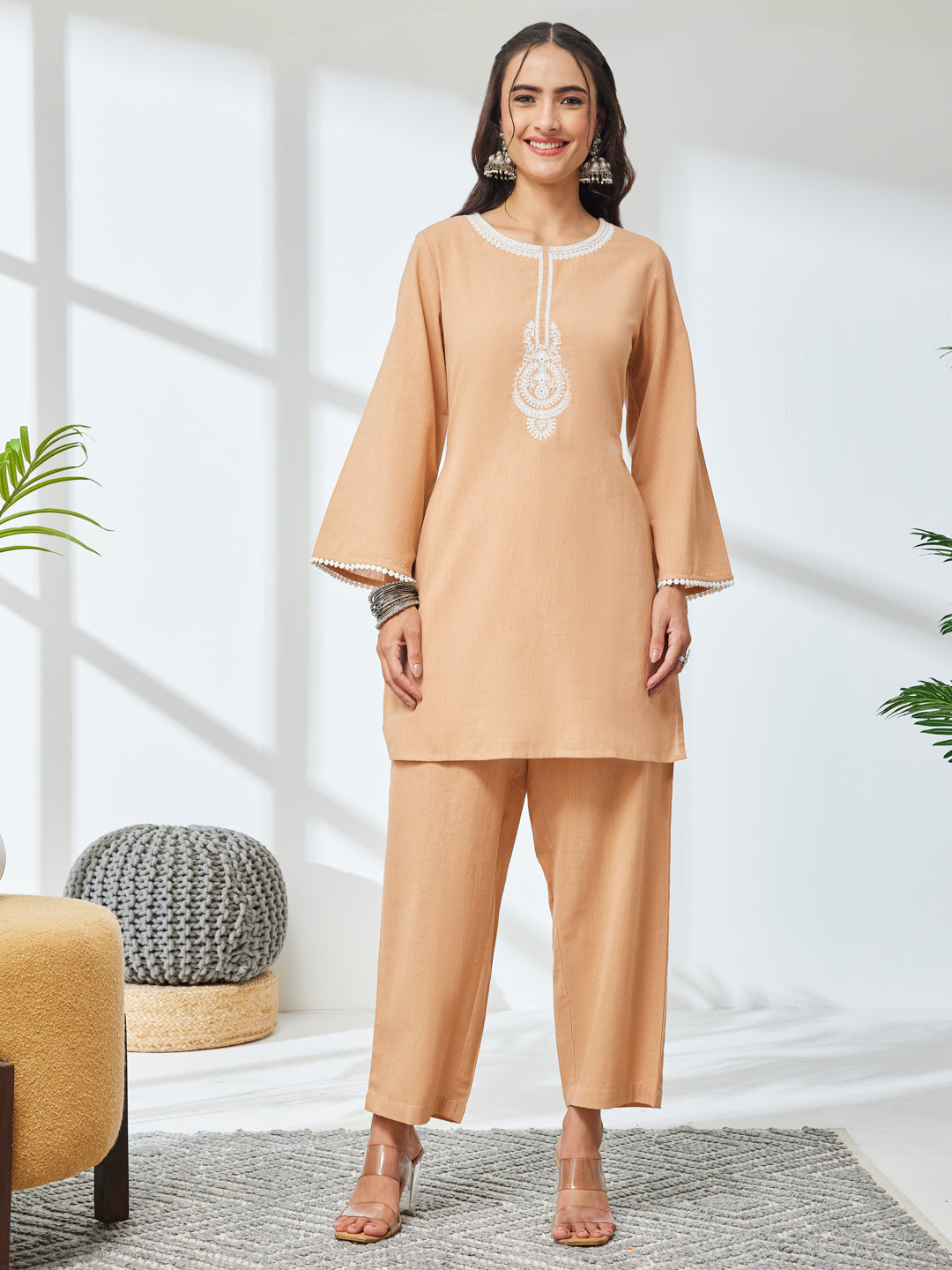 Janasya Women's Beige Linen Cotton Embroidered A-Line Co-Ord Set