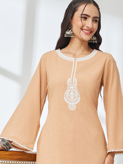 Janasya Women's Beige Linen Cotton Embroidered A-Line Co-Ord Set