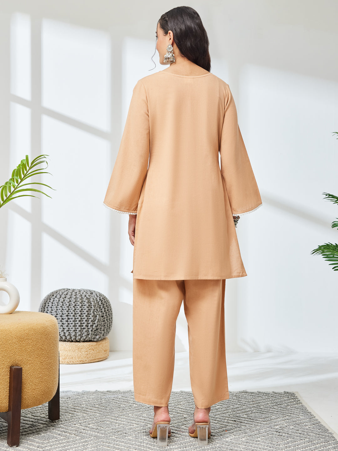 Janasya Women's Beige Linen Cotton Embroidered A-Line Co-Ord Set