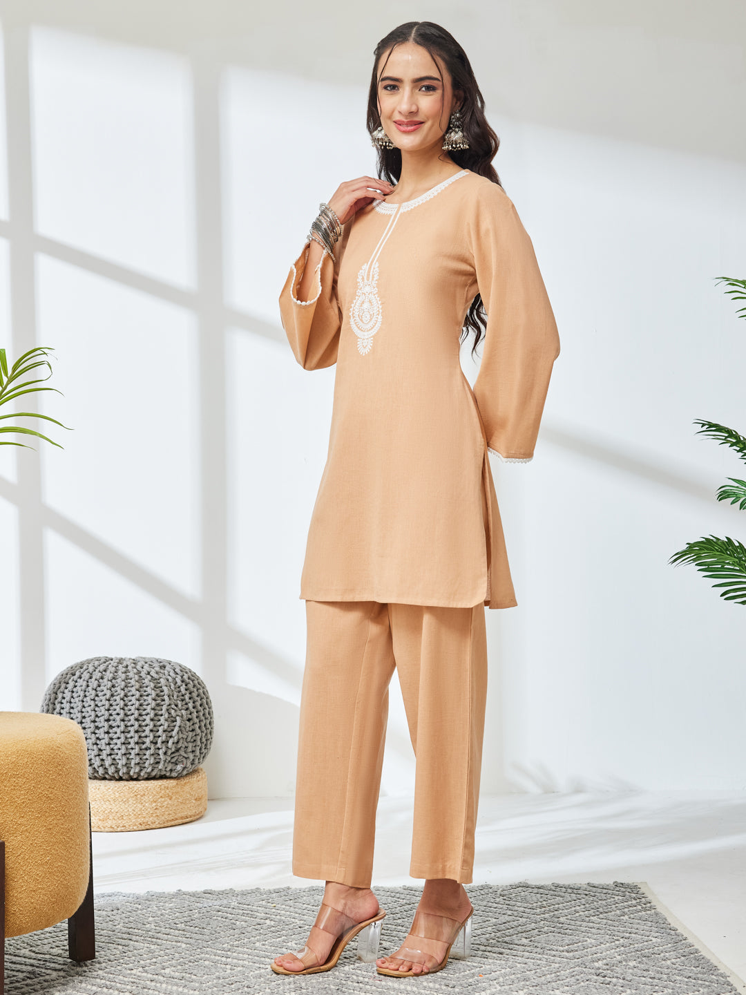 Janasya Women's Beige Linen Cotton Embroidered A-Line Co-Ord Set