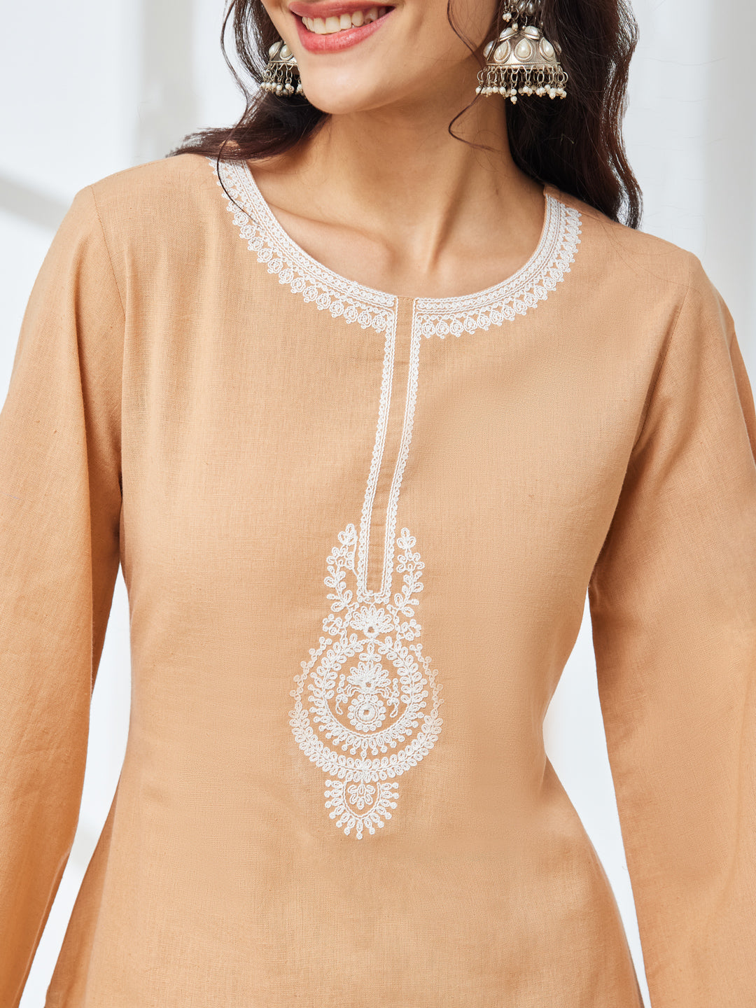 Janasya Women's Beige Linen Cotton Embroidered A-Line Co-Ord Set