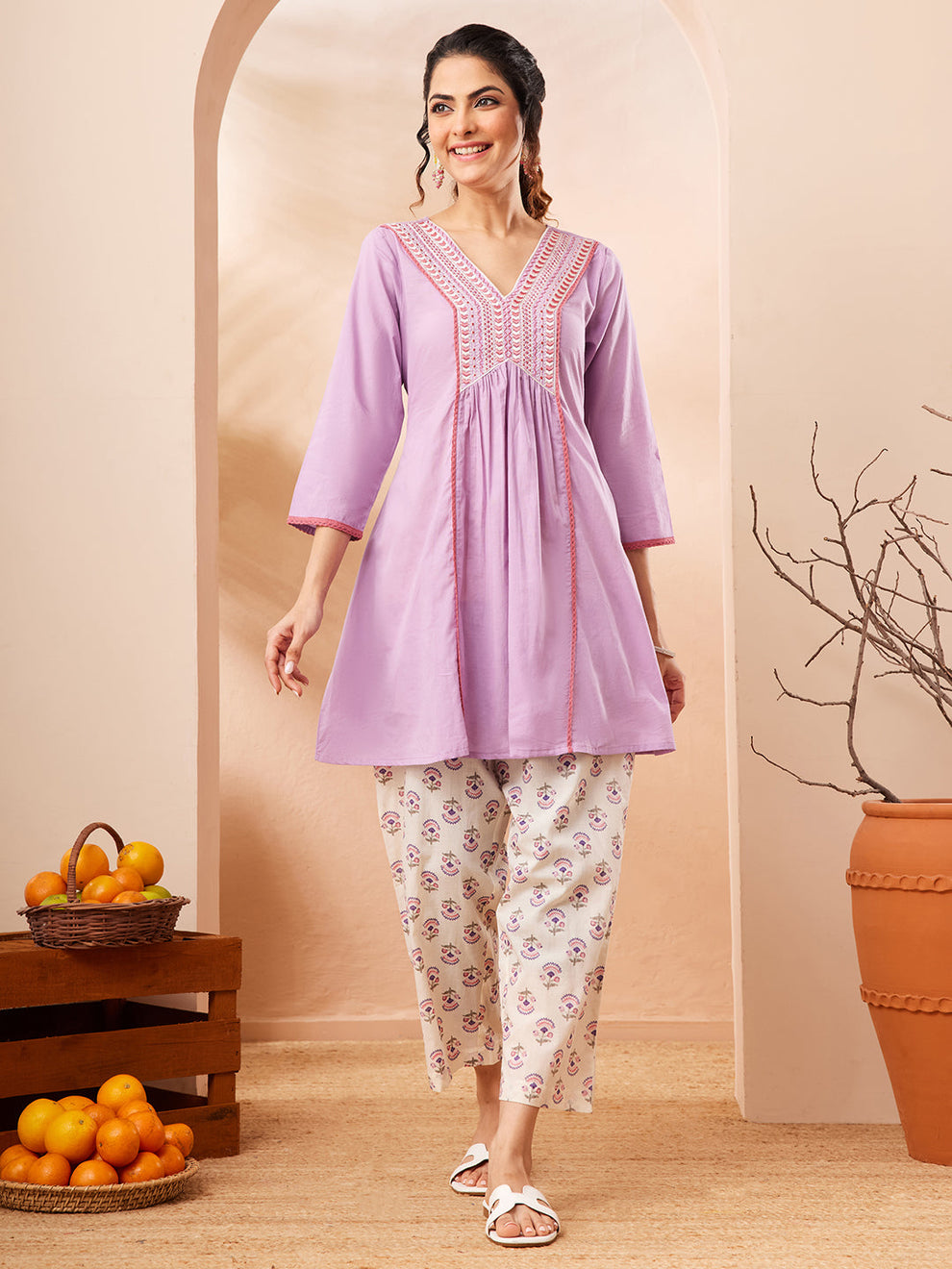 Janasya Women's Lavender Pure Cotton Yoke Embroidered A-line Co-ord Se ...