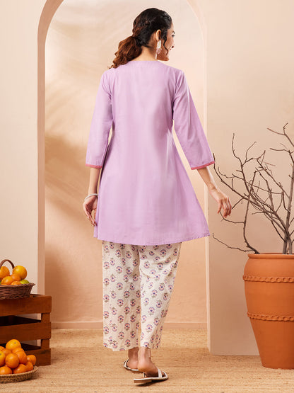 Janasya Women's Lavender Pure Cotton Yoke Embroidered A-line Co-ord Set