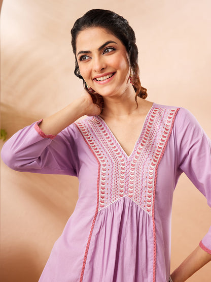Janasya Women's Lavender Pure Cotton Yoke Embroidered A-line Co-ord Set