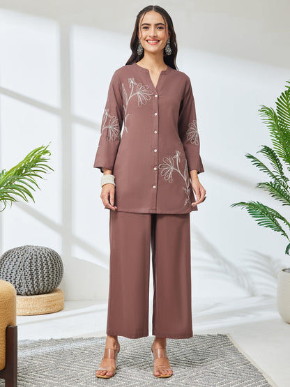 Janasya Women's Brown Pure Cotton Embroidered A-Line Co-Ord Set