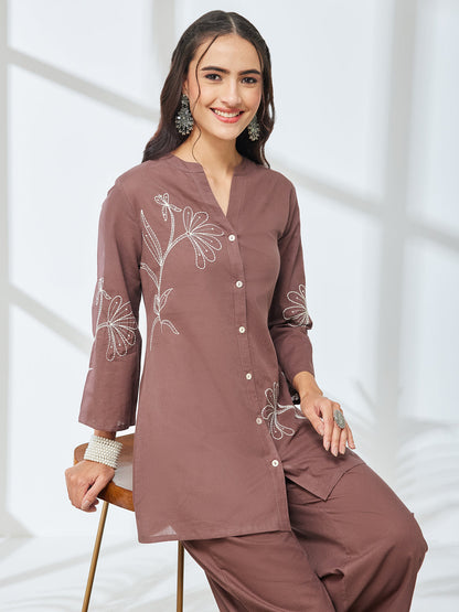 Janasya Women's Brown Pure Cotton Embroidered A-Line Co-Ord Set