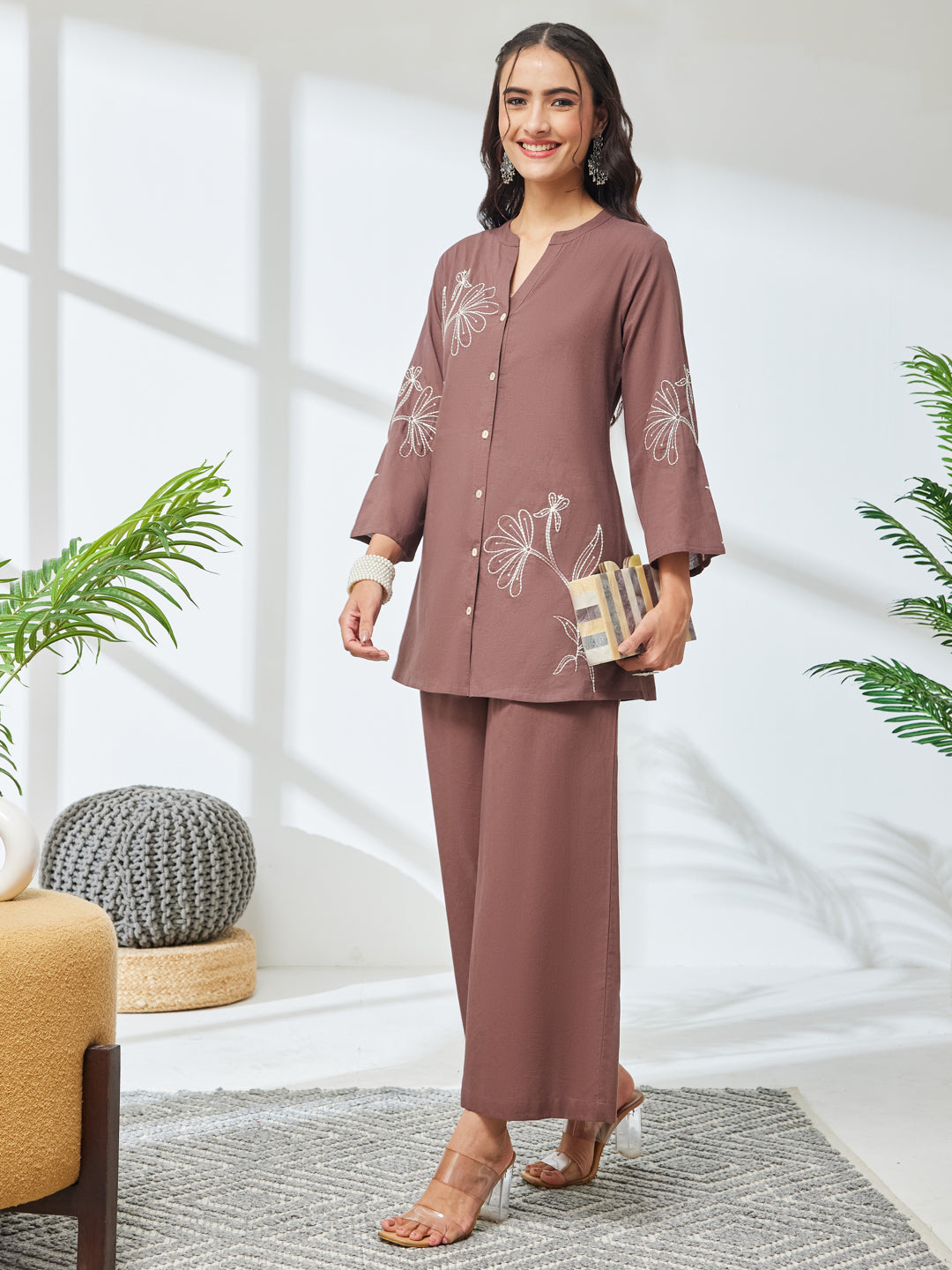 Janasya Women's Brown Pure Cotton Embroidered A-Line Co-Ord Set