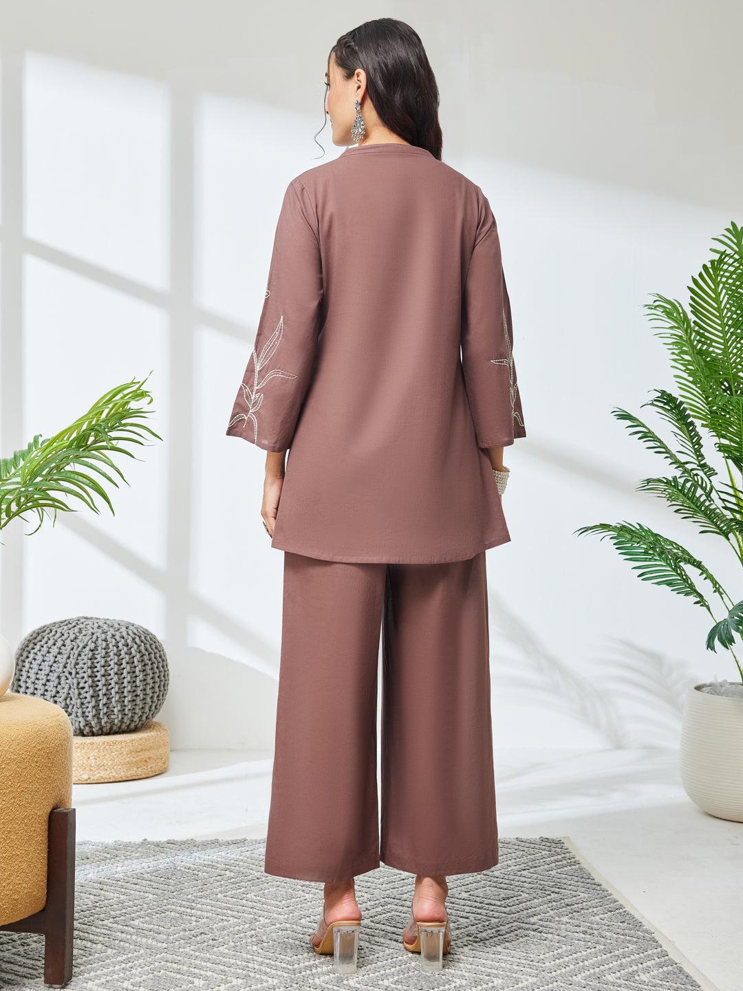 Janasya Women's Brown Pure Cotton Embroidered A-Line Co-Ord Set