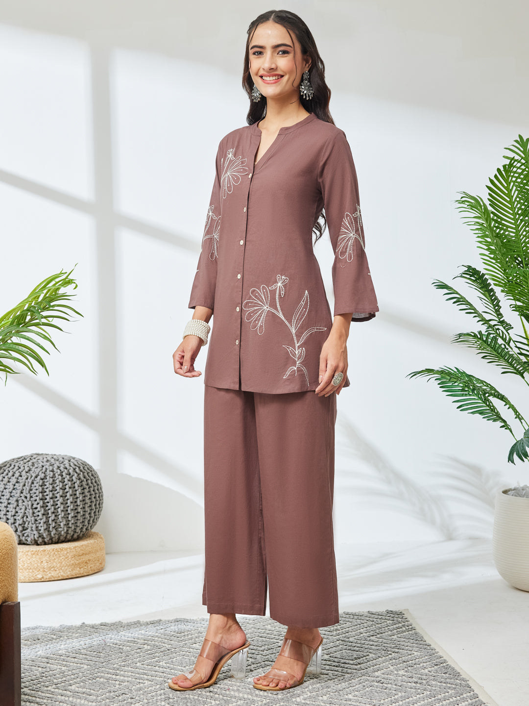 Janasya Women's Brown Pure Cotton Embroidered A-Line Co-Ord Set