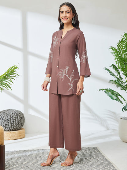 Janasya Women's Brown Pure Cotton Embroidered A-Line Co-Ord Set