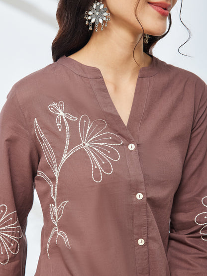 Janasya Women's Brown Pure Cotton Embroidered A-Line Co-Ord Set