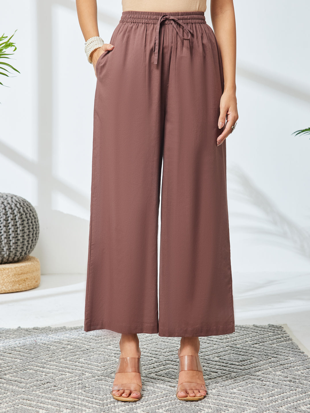 Janasya Women's Brown Pure Cotton Embroidered A-Line Co-Ord Set