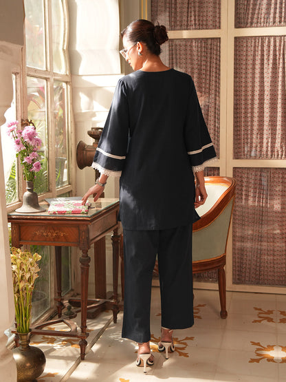 Janasya Women's Navy Blue Pure Cotton Yoke Embroidered Straight Co-Ord Set