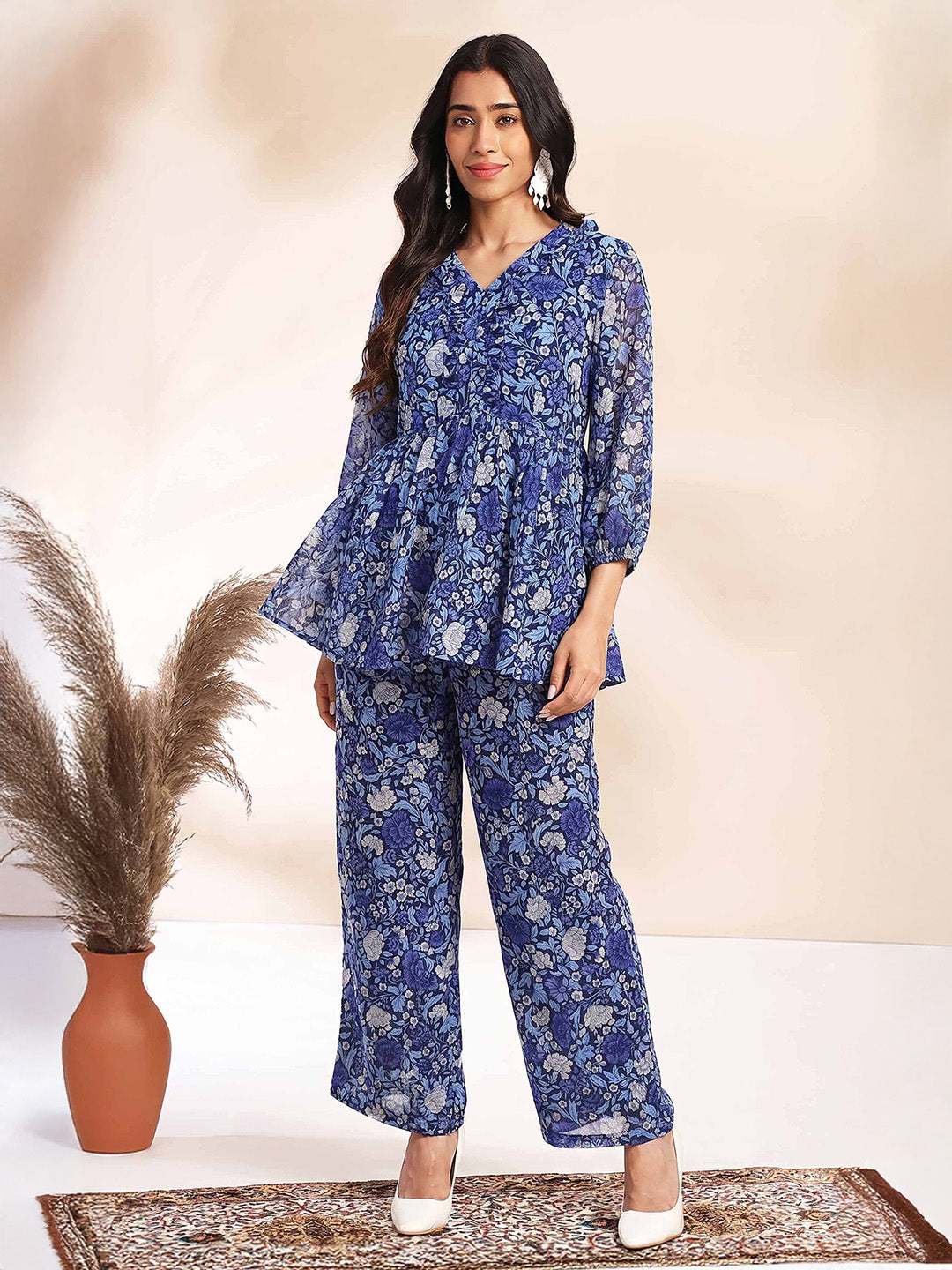Janasya Women's Multi Color Georgette Floral Printed A-Line Co-Ord Set