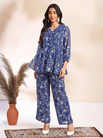 Janasya Women's Multi Color Georgette Floral Printed A-Line Co-Ord Set