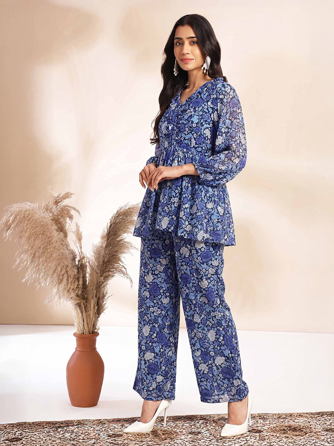 Janasya Women's Multi Color Georgette Floral Printed A-Line Co-Ord Set