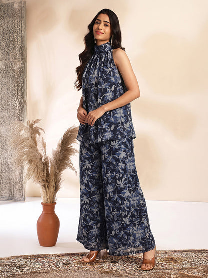 Janasya Women's Black Georgette Floral Printed A-Line Co-Ord Set