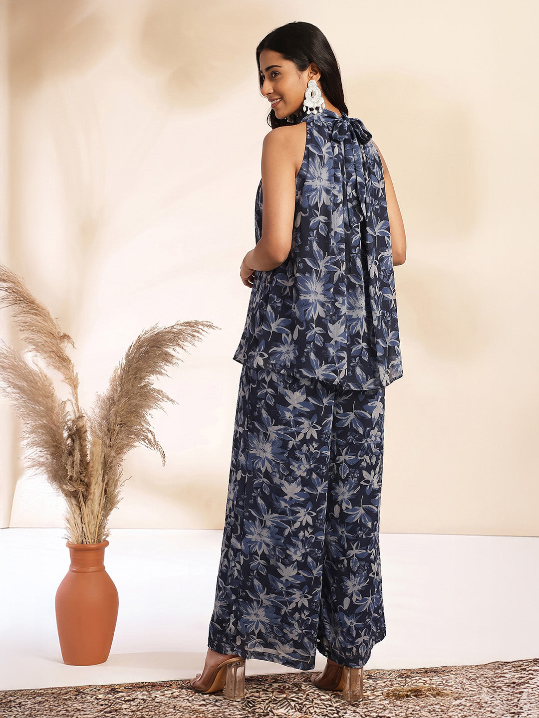 Janasya Women's Black Georgette Floral Printed A-Line Co-Ord Set