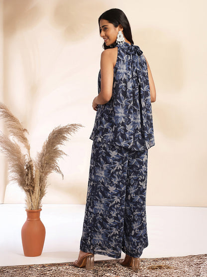 Janasya Women's Black Georgette Floral Printed A-Line Co-Ord Set