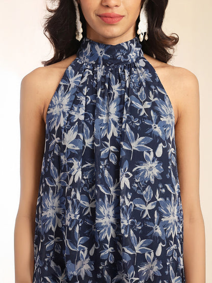 Janasya Women's Black Georgette Floral Printed A-Line Co-Ord Set