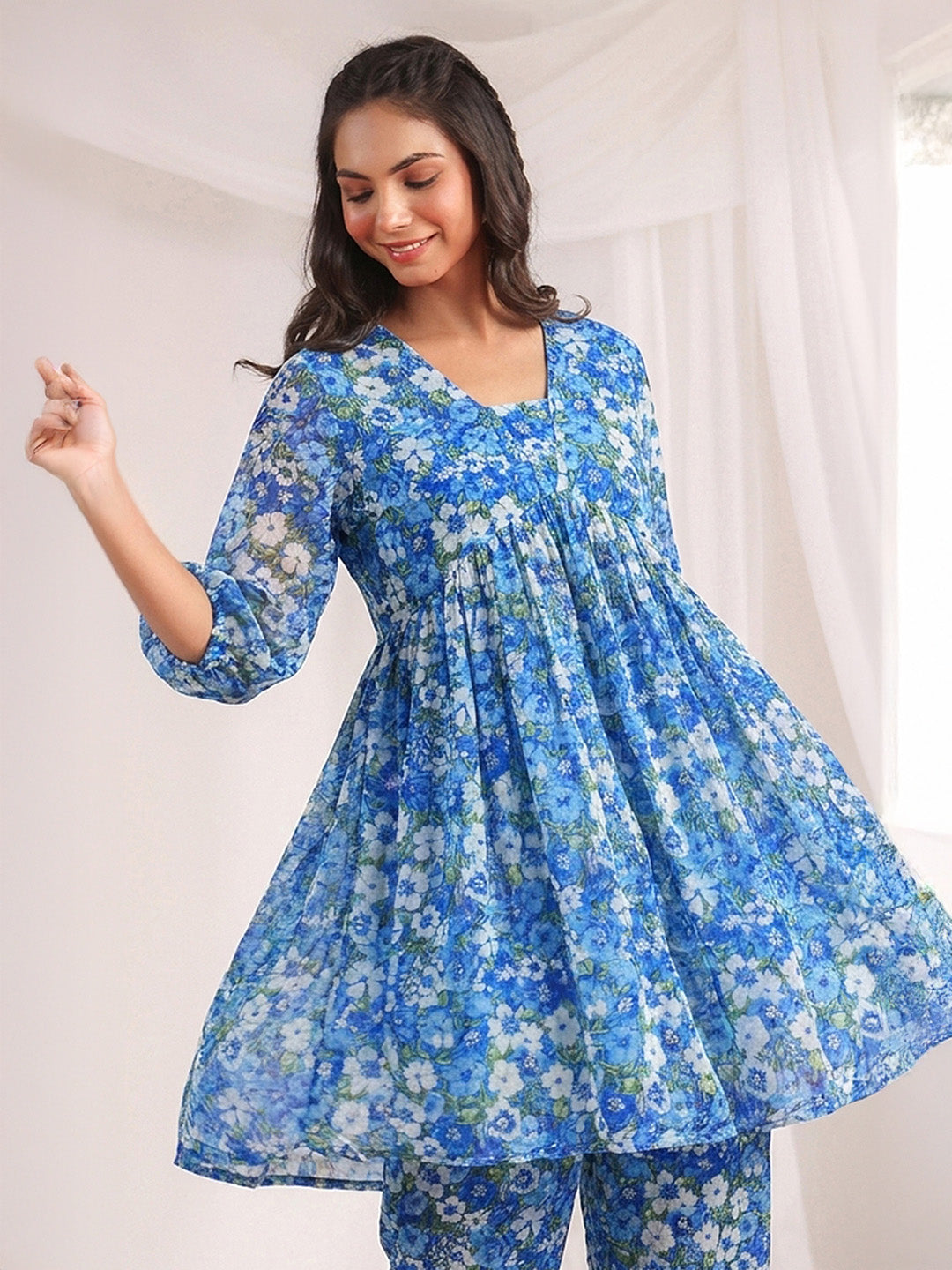 Janasya Women's Blue Georgette Floral Printed A-Line Co-Ord Set