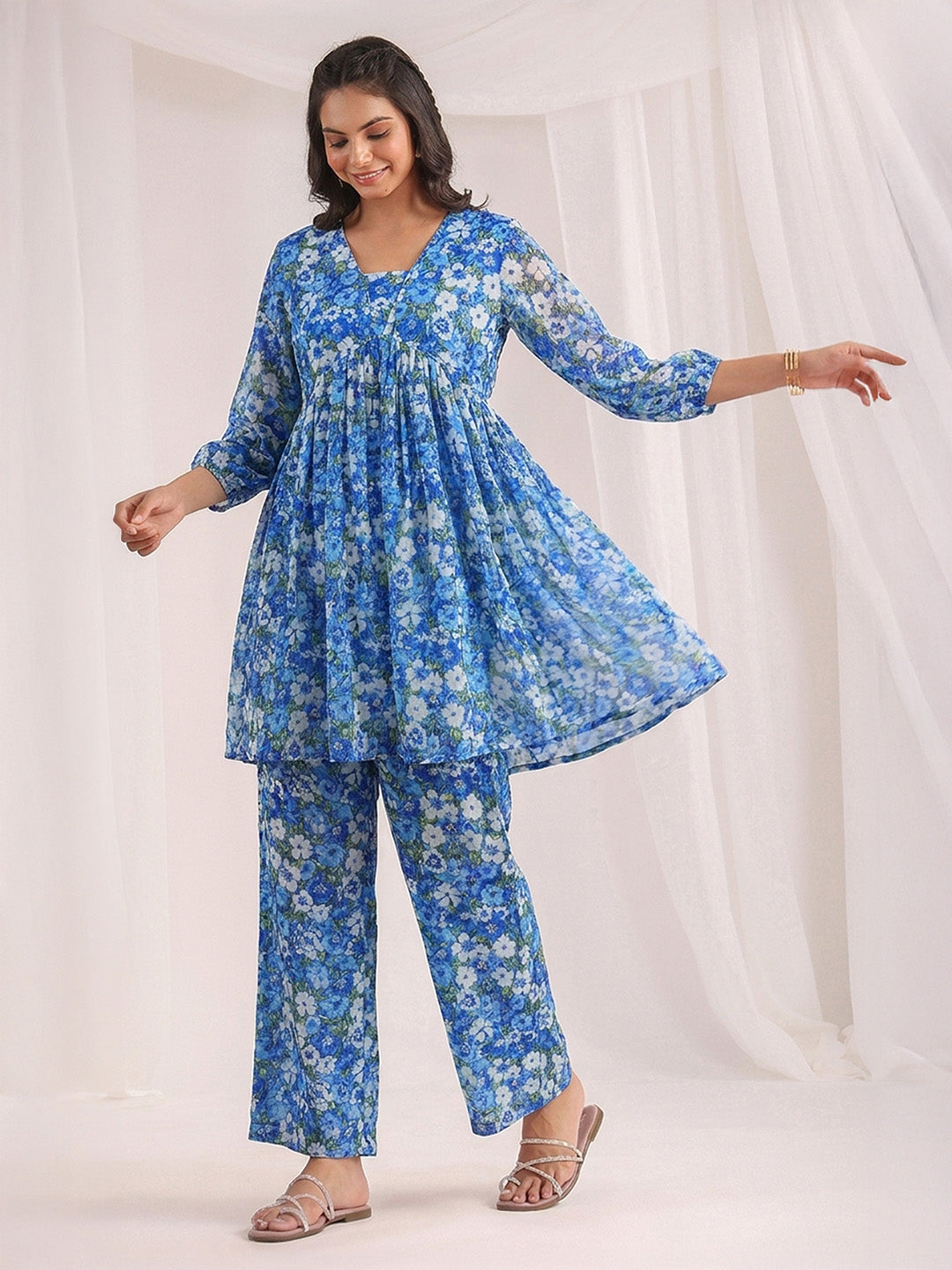 Janasya Women's Blue Georgette Floral Printed A-Line Co-Ord Set
