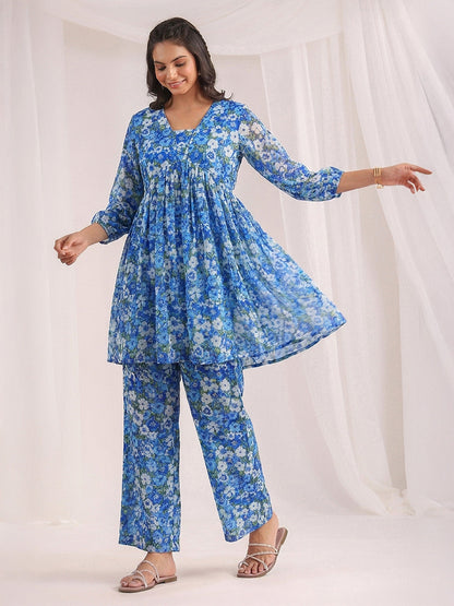 Janasya Women's Blue Georgette Floral Printed A-Line Co-Ord Set