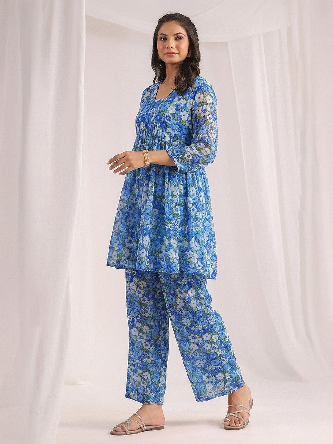 Janasya Women's Blue Georgette Floral Printed A-Line Co-Ord Set