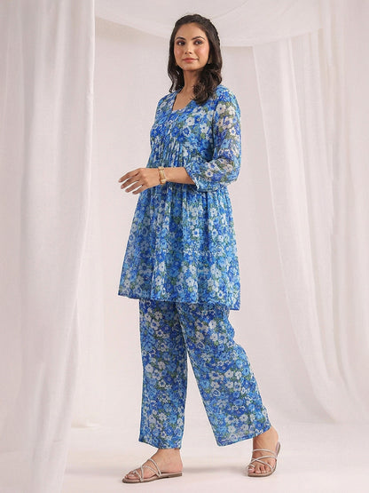 Janasya Women's Blue Georgette Floral Printed A-Line Co-Ord Set