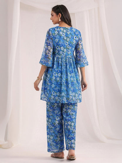 Janasya Women's Blue Georgette Floral Printed A-Line Co-Ord Set