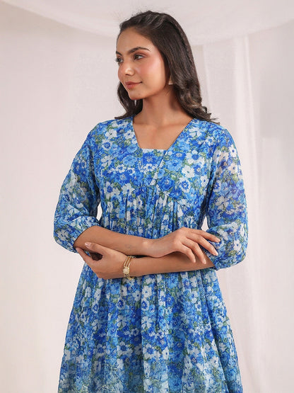 Janasya Women's Blue Georgette Floral Printed A-Line Co-Ord Set