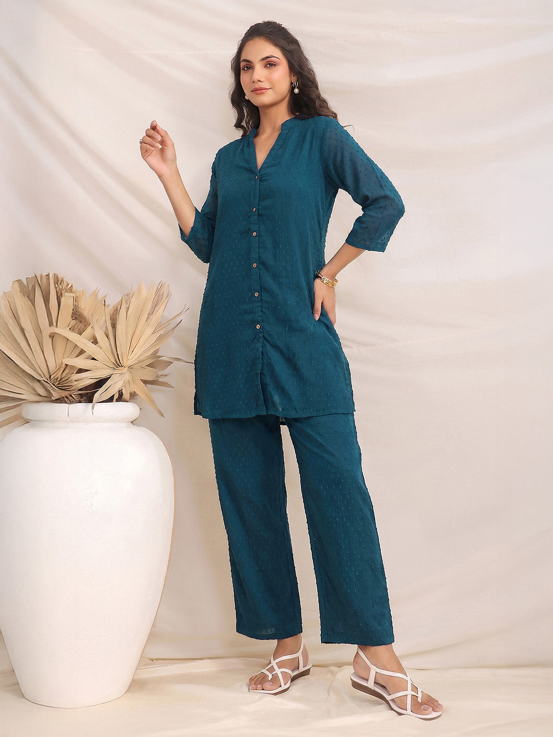 Janasya Women's Teal Blue Dobby Chiffon Solid Straight Co-Ord Set