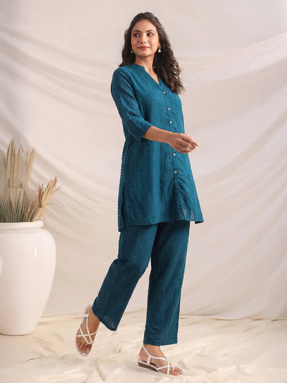 Janasya Women's Teal Blue Dobby Chiffon Solid Straight Co-Ord Set