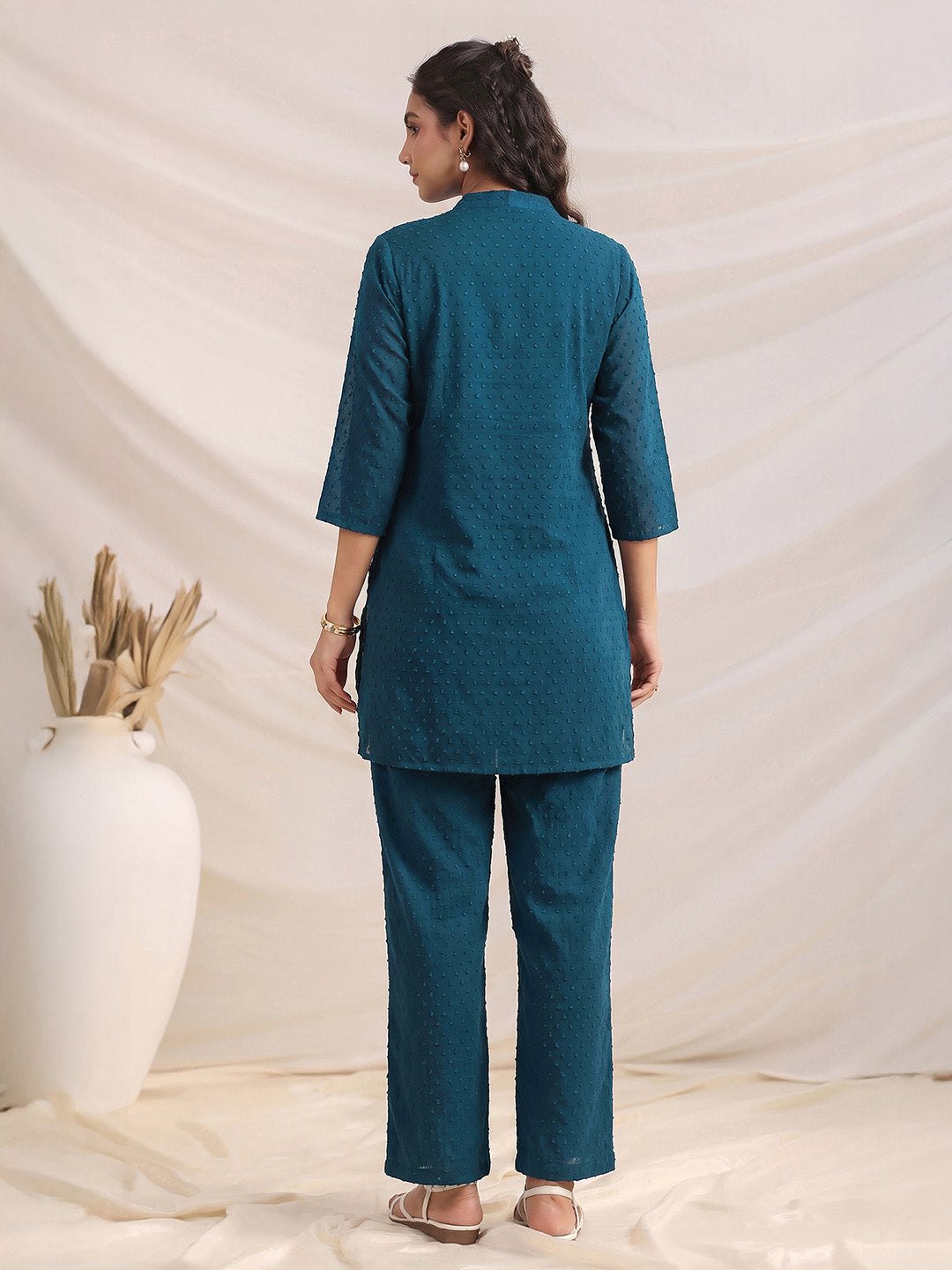 Janasya Women's Teal Blue Dobby Chiffon Solid Straight Co-Ord Set
