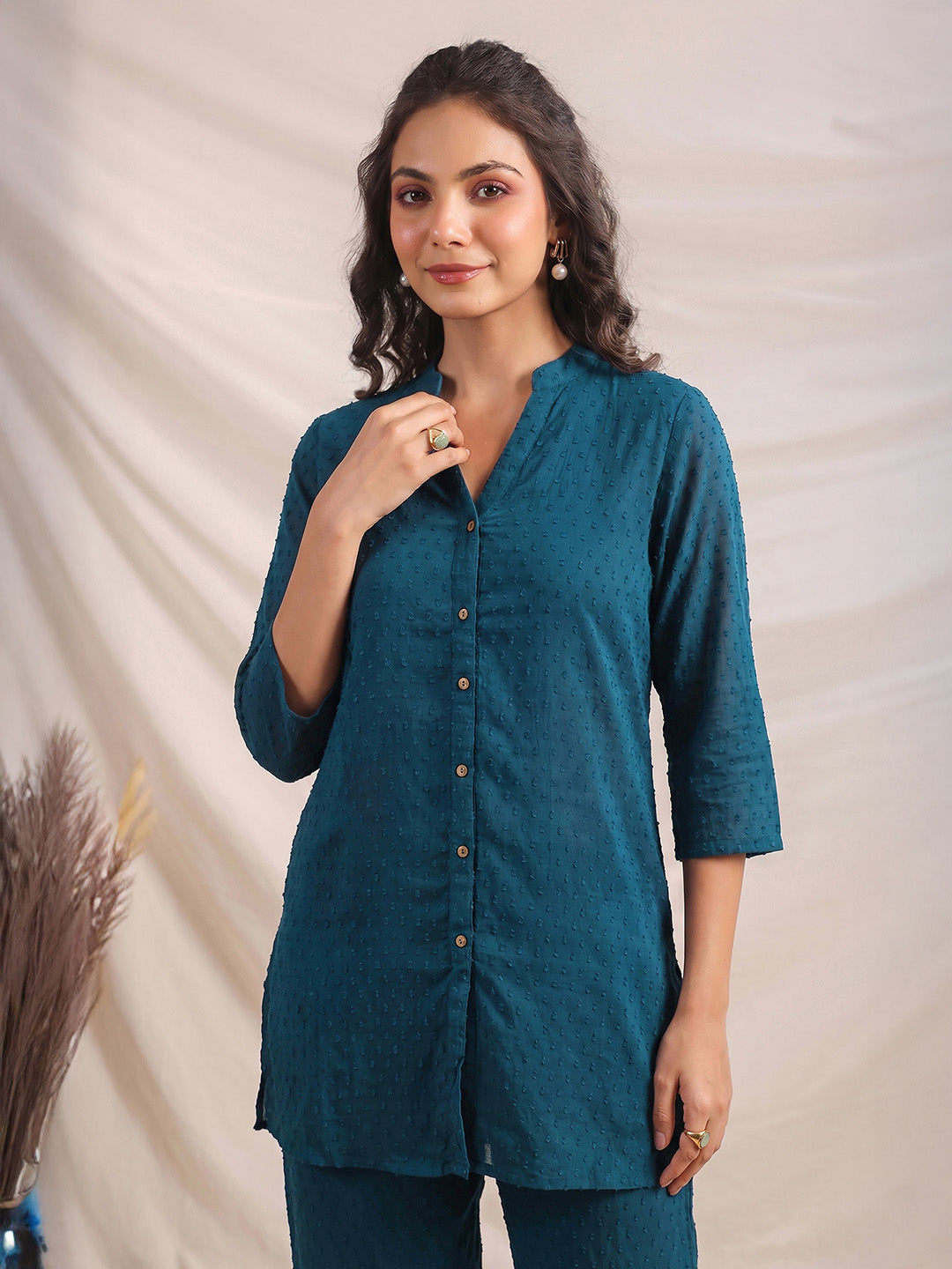 Janasya Women's Teal Blue Dobby Chiffon Solid Straight Co-Ord Set
