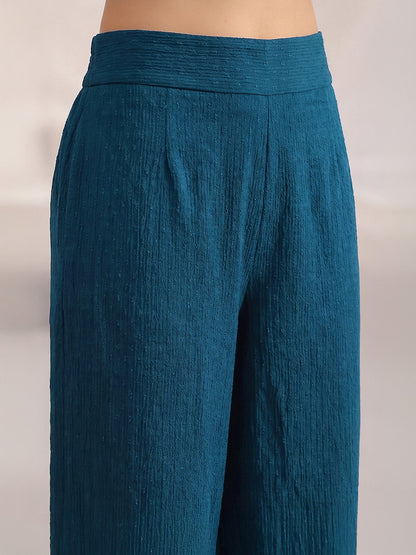 Janasya Women's Teal Blue Dobby Chiffon Solid Straight Co-Ord Set