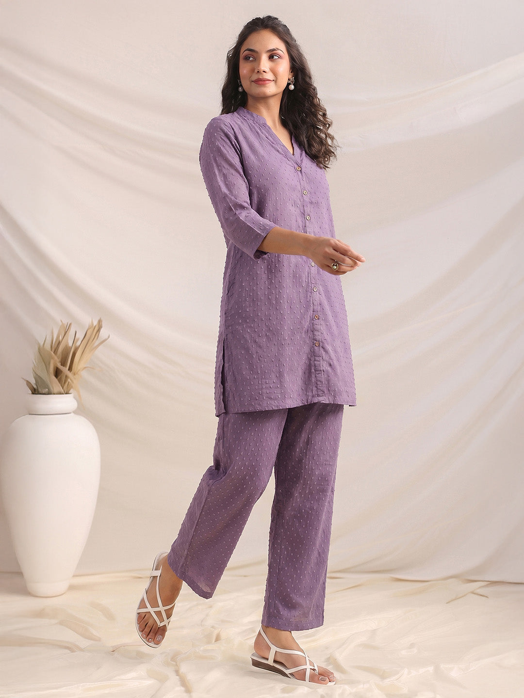 Janasya Women's Lavender Dobby Chiffon Solid A-Line Co-Ord Set