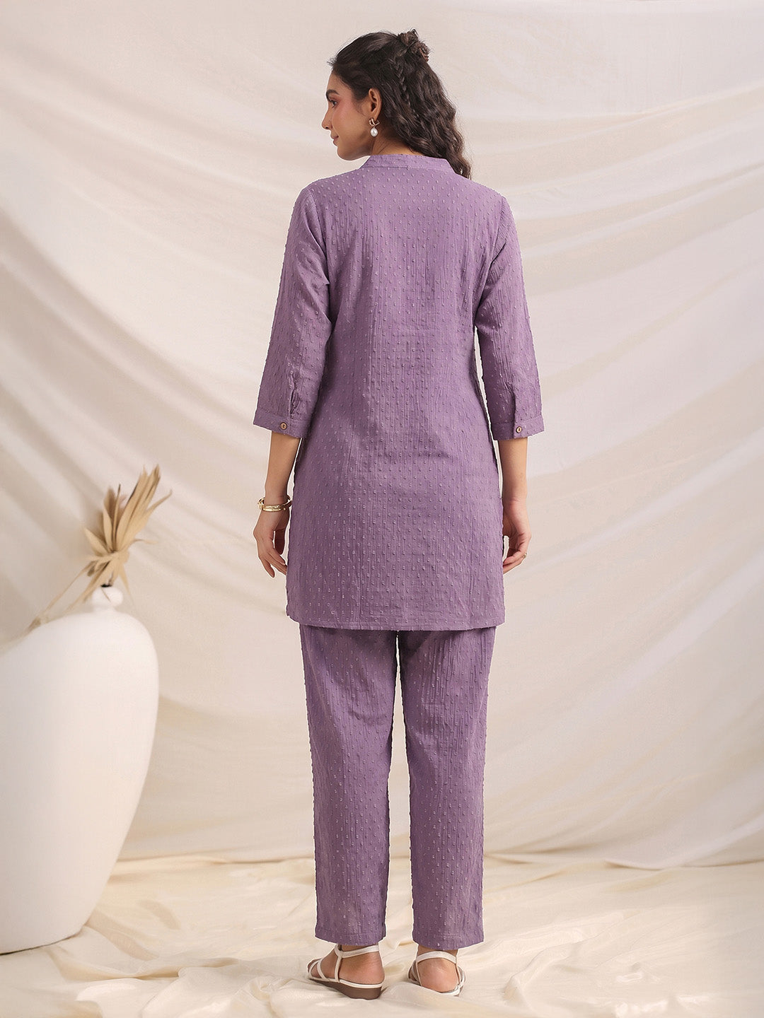 Janasya Women's Lavender Dobby Chiffon Solid A-Line Co-Ord Set