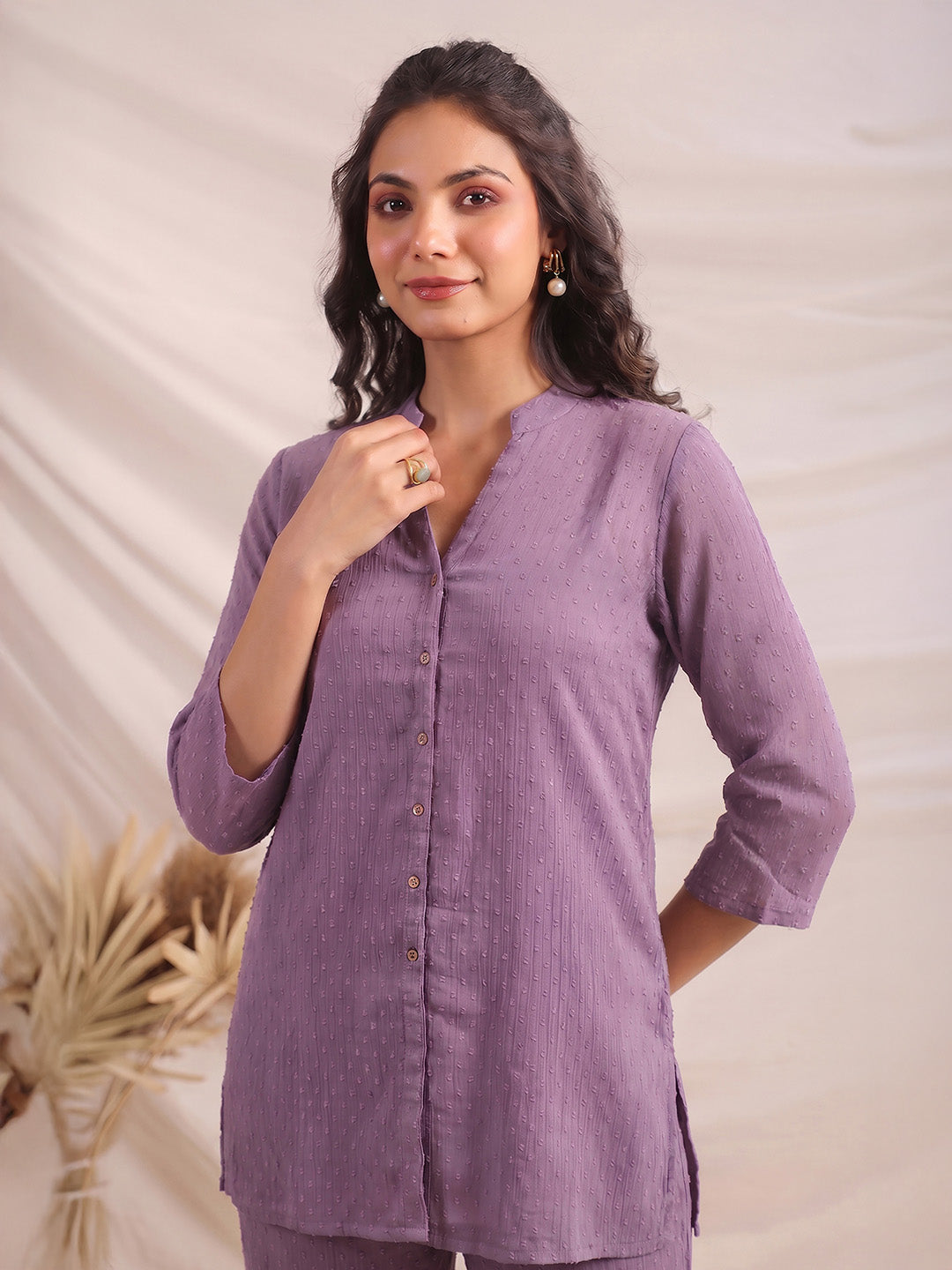 Janasya Women's Lavender Dobby Chiffon Solid A-Line Co-Ord Set