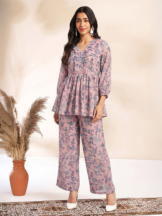 Janasya Women's Baby Pink Georgette Floral Printed A-Line Co-Ord Set