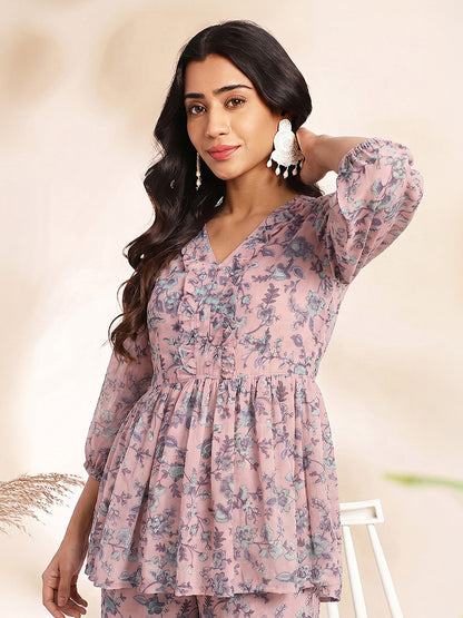 Janasya Women's Baby Pink Georgette Floral Printed A-Line Co-Ord Set