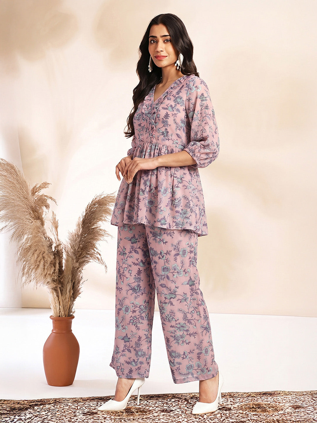Janasya Women's Baby Pink Georgette Floral Printed A-Line Co-Ord Set