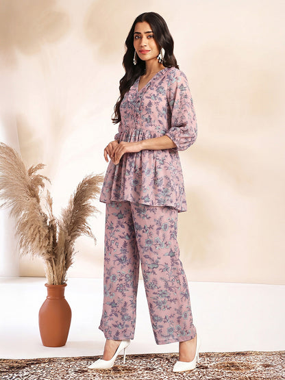 Janasya Women's Baby Pink Georgette Floral Printed A-Line Co-Ord Set