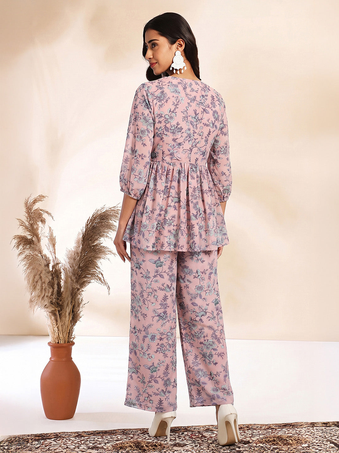 Janasya Women's Baby Pink Georgette Floral Printed A-Line Co-Ord Set