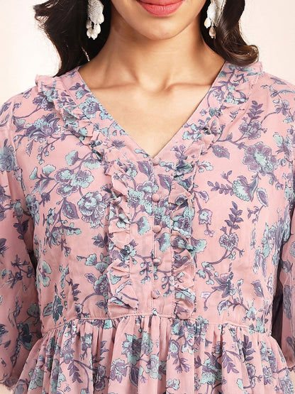 Janasya Women's Baby Pink Georgette Floral Printed A-Line Co-Ord Set