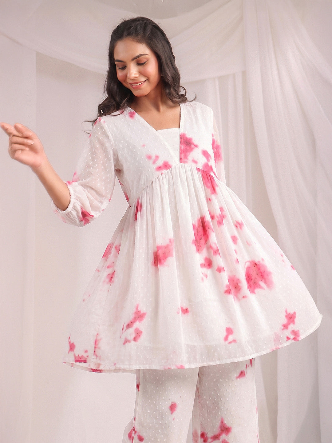 Janasya Women's Off White Dobby Georgette Abstract Gathered Co-Od Set