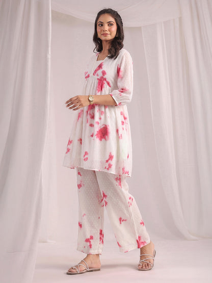 Janasya Women's Off White Dobby Georgette Abstract Gathered Co-Od Set